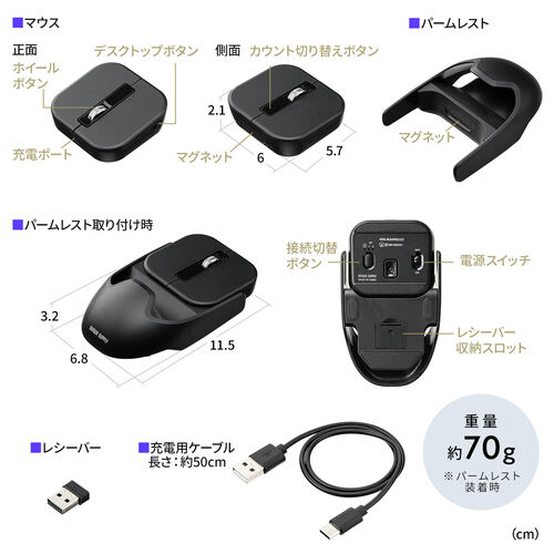 ワイヤレスマウス（マグネット着脱式・小型・Bluetooth・フルサイズ ＆ コンパクト・薄型・充電式・4ボタン・無線・持ち運び・モバイルマウス・携帯マウス・ミニマウス・ブラック）