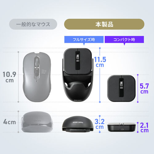 ワイヤレスマウス（マグネット着脱式・小型・Bluetooth・フルサイズ ＆ コンパクト・薄型・充電式・4ボタン・無線・持ち運び・モバイルマウス・携帯マウス・ミニマウス・ブラック）