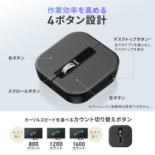 ワイヤレスマウス（マグネット着脱式・小型・Bluetooth・フルサイズ ＆ コンパクト・薄型・充電式・4ボタン・無線・持ち運び・モバイルマウス・携帯マウス・ミニマウス・ブラック）