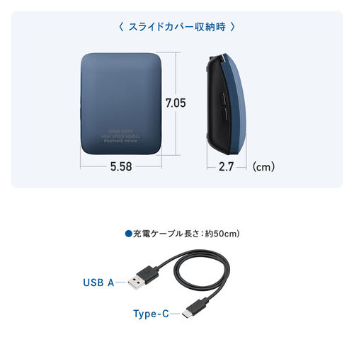 薄型マウス（Bluetooth・2.4GHzワイヤレス・スライドカバー・開閉で電源オンオフ・5ボタン・戻る/進むボタン・持ち運び・小型・コンパクト・USB-C充電式・スリム・軽量・静音・ブラック）
