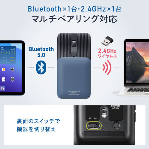 薄型マウス（Bluetooth・2.4GHzワイヤレス・スライドカバー・開閉で電源オンオフ・5ボタン・戻る/進むボタン・持ち運び・小型・コンパクト・USB-C充電式・スリム・軽量・静音・ブラック）