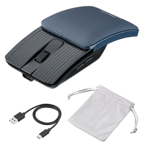 薄型マウス（Bluetooth・2.4GHzワイヤレス・スライドカバー・開閉で電源オンオフ・5ボタン・戻る/進むボタン・持ち運び・小型・コンパクト・USB-C充電式・スリム・軽量・静音・ブルー）
