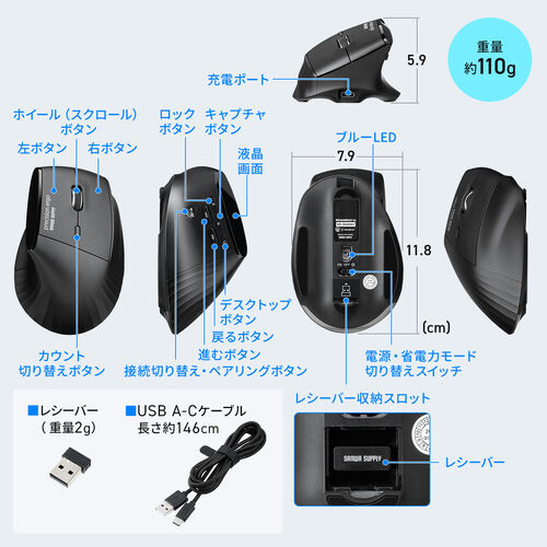 ワイヤレスマウス（エルゴノミクス・8ボタン・多機能・液晶画面・Bluetooth / 2.4GHzレシーバー・充電式・ハイスペック・8000DPI・Mac対応・ブラック）