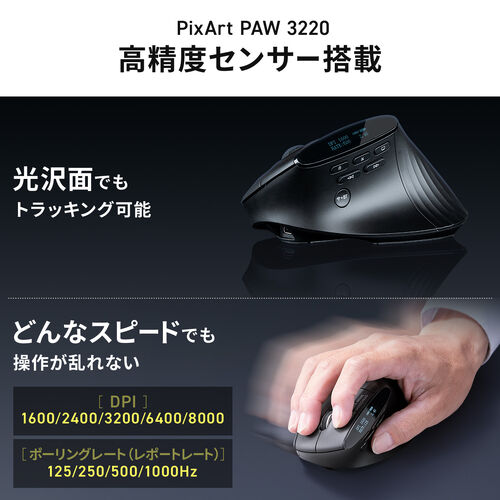 ワイヤレスマウス（エルゴノミクス・8ボタン・多機能・液晶画面・Bluetooth / 2.4GHzレシーバー・充電式・ハイスペック・8000DPI・Mac対応・ブラック）