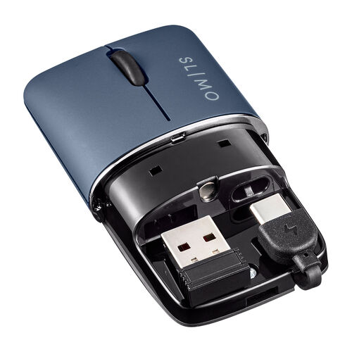 モバイルマウス（超小型・Bluetooth・2.4GHz・ワイヤレス・SLIMO・静音・無線・ブルーLEDセンサー・充電式・スリム・軽い・軽量・Type-C充電・ネイビー）