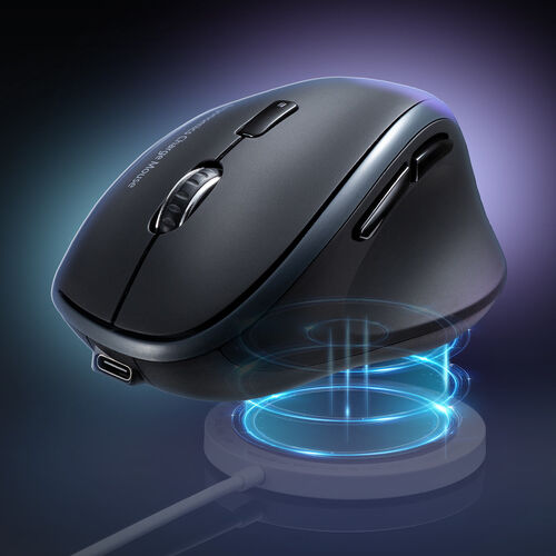 ワイヤレス充電マウス（Qi対応・MagSafe対応・Bluetooth・2.4GHz・ワイヤレス・充電式・5ボタン・ブルーLED・置くだけ・エルゴノミクス・ブラック）