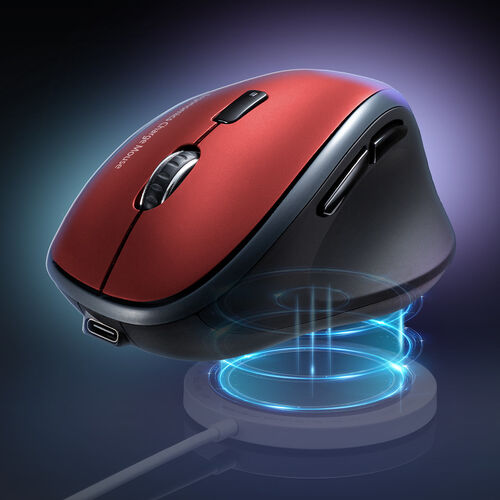 ワイヤレス充電マウス（Qi対応・MagSafe対応・Bluetooth・2.4GHz・ワイヤレス・充電式・5ボタン・ブルーLED・置くだけ・エルゴノミクス・レッド）