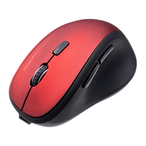 ワイヤレス充電マウス（Qi対応・MagSafe対応・Bluetooth・2.4GHz・ワイヤレス・充電式・5ボタン・ブルーLED・置くだけ・エルゴノミクス・レッド）