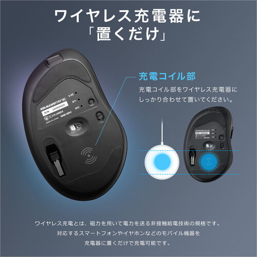 ワイヤレス充電マウス（Qi対応・MagSafe対応・Bluetooth・2.4GHz・ワイヤレス・充電式・5ボタン・ブルーLED・置くだけ・エルゴノミクス・レッド）