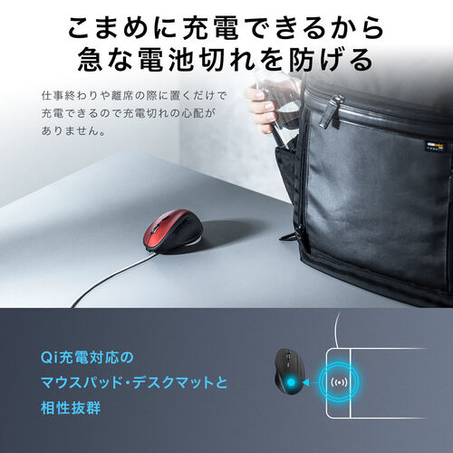 ワイヤレス充電マウス（Qi対応・MagSafe対応・Bluetooth・2.4GHz・ワイヤレス・充電式・5ボタン・ブルーLED・置くだけ・エルゴノミクス・レッド）
