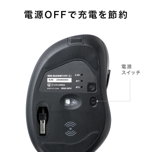 ワイヤレス充電マウス（Qi対応・MagSafe対応・Bluetooth・2.4GHz・ワイヤレス・充電式・5ボタン・ブルーLED・置くだけ・エルゴノミクス・レッド）
