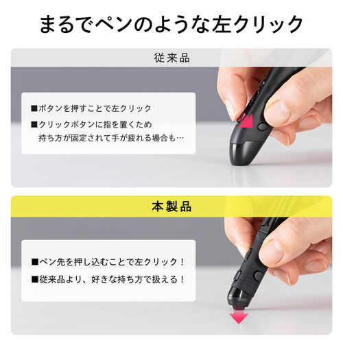 ペン型マウス（Bluetooth・ワイヤレス・USB A・Type-C・充電式・ペンマウス・ブラック・メディア掲載）