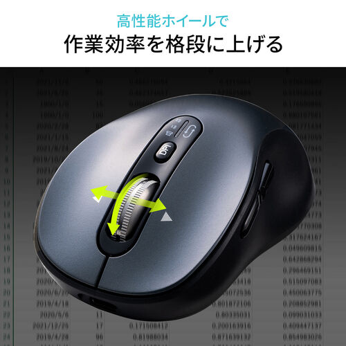 ワイヤレスマウス（チルトホイール・高速スクロール・横スクロール・Bluetooth・無線・静音・5ボタン・ブルーLED・マルチペアリング・カウント切り替え・Mac対応・戻る・進む・ガンメタリック）