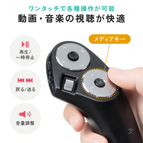 ハンディマウス（メディアコントロールボタン搭載・Bluetooth・ワイヤレス・スティック操作・プレゼン・電子書籍・VR・コントローラ・ごろ寝マウス・DPI調整・ブラック）