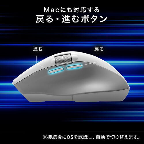 ワイヤレスマウス（サイドホイール・高速スクロール・Bluetooth・無線・静音・5ボタン・ブルーLED・マルチペアリング・カウント切り替え・左右スクロール・Mac対応・戻る・進む・充電式・ホワイト）