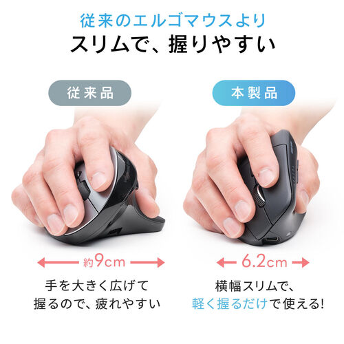 ワイヤレスマウス（Bluetooth・軽量・大型・エルゴノミクス・USB Aレシーバー・5ボタン・マルチペアリング・静音・充電式・無線・2.4GHz・ブラック）
