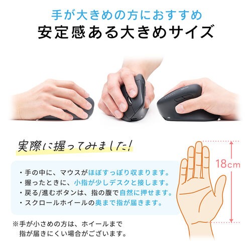 ワイヤレスマウス（Bluetooth・軽量・大型・エルゴノミクス・USB Aレシーバー・5ボタン・マルチペアリング・静音・充電式・無線・2.4GHz・ブラック）