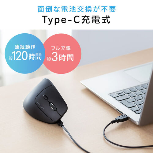 ワイヤレスマウス（Bluetooth・軽量・大型・エルゴノミクス・USB Aレシーバー・5ボタン・マルチペアリング・静音・充電式・無線・2.4GHz・ブラック）