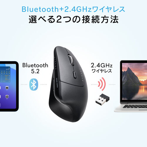 ワイヤレスマウス（Bluetooth・軽量・大型・エルゴノミクス・USB Aレシーバー・5ボタン・マルチペアリング・静音・充電式・無線・2.4GHz・ブラック）