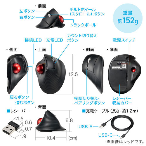 トラックボールマウス（チルトホイール・高速スクロール・エルゴノミクス・静音・2.4GHz・Bluetooth・ワイヤレス・5ボタン・USB-C充電式・レッド）