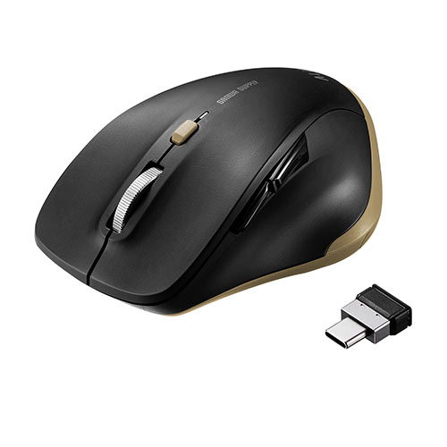 Type-Cワイヤレスマウス 小型マウス 5ボタンマウス アルミホイール 静音マウス ブルーLED ブラック