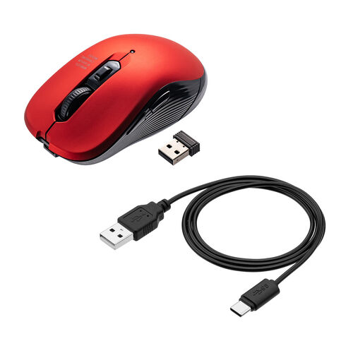 ワイヤレスマウス（2.4GHzレシーバー・USB-C充電式・戻る/進む・5ボタン・静音・無線・ラバーコーティング・レッド）