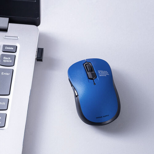 小型ワイヤレスマウス（2.4GHzレシーバー・USB-C充電式・戻る/進む・5ボタン・静音・無線・ラバーコーティング・ブルー）