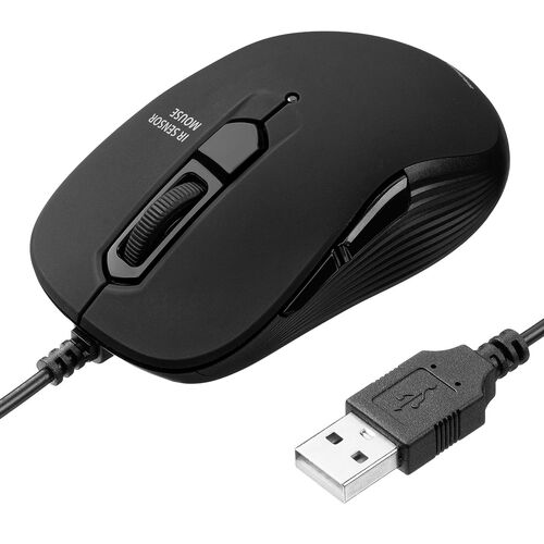 小型有線マウス（USB A接続・戻る/進む・5ボタン・静音・カウント切替え・ラバーコーティング・ブラック）