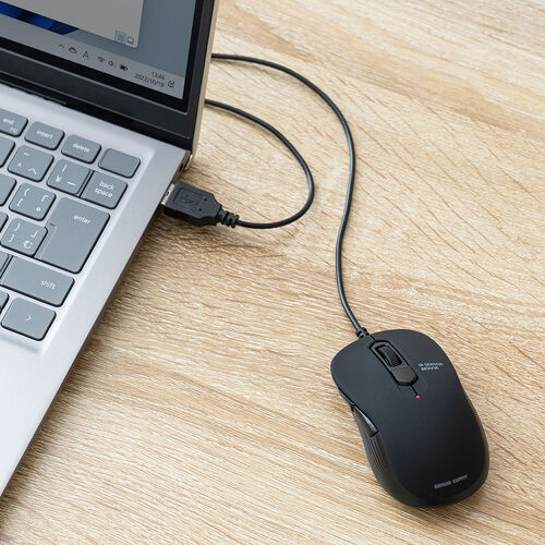 小型有線マウス（USB A接続・戻る/進む・5ボタン・静音・カウント切替え・ラバーコーティング・ブラック）