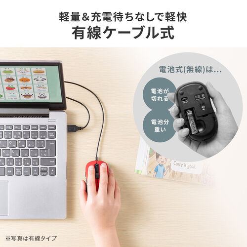小型有線マウス（USB A接続・戻る/進む・5ボタン・静音・カウント切替え・ラバーコーティング・ブラック）