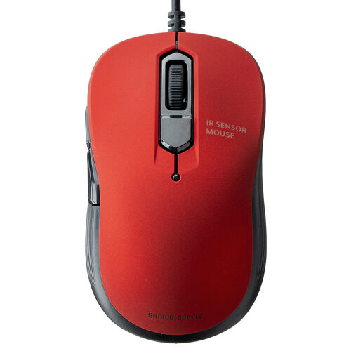 小型有線マウス（USB A接続・戻る/進む・5ボタン・静音・カウント切替え・ラバーコーティング・レッド）