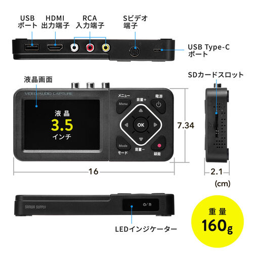 ビデオキャプチャー（RCA・AV・S端子・HDMI出力・キャプチャーボード・480p・60Hz・モニター付き・3.5インチ・VHS・ビデオテープ・オーディオキャプチャ・USBメモリ・SDカード）