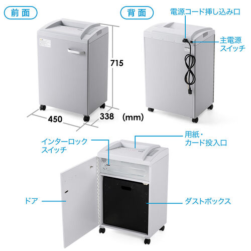 シュレッダー（電動・業務用・クロスカット・連続使用・A4・ホッチキス・20枚細断・40L・大容量・大型・クレジットカード・オートフィード） PSD029