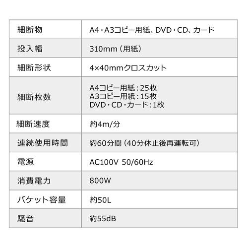 シュレッダー（電動・業務用・クロスカット・A3・A4・60分連続細断・ホッチキス・クレジットカード・メディア細断） PSD051 サンワサプライ