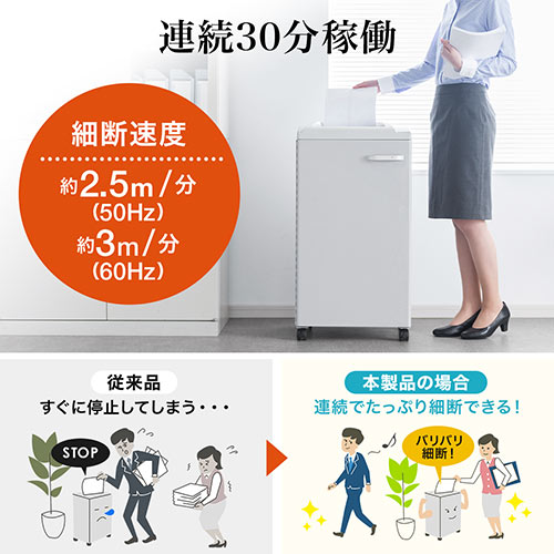 シュレッダー(業務用・電動・クロスカット・A4・連続使用・大型・60L・オフィス・ホッチキス対応・メンテナンスオイル・静音・カード・キャスター付き) PSD054 サンワサプライ
