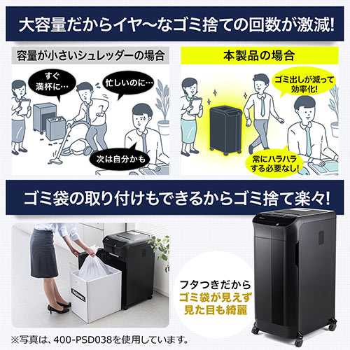 シュレッダー（オートフィードシュレッダー・電動シュレッダー・業務用・マイクロカット・連続給紙・手差し細断・連続使用・大型・83L・静音・ホッチキス・カード） PSD059