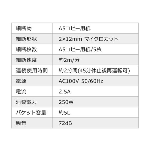 卓上シュレッダー（コンパクトシュレッダー・電動シュレッダー・A5対応・マイクロカット・2×12mm・電動・5枚同時細断・連続2分・5L）