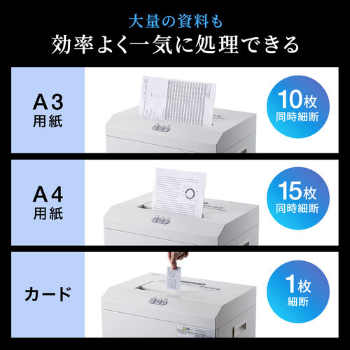 電動シュレッダー（業務用・マイクロカット・A3対応・大容量・A4最大15枚同時細断・A3最大10枚同時細断・30分連続細断・カード細断・ホッチキス対応・40L・静音・キャスター付き）