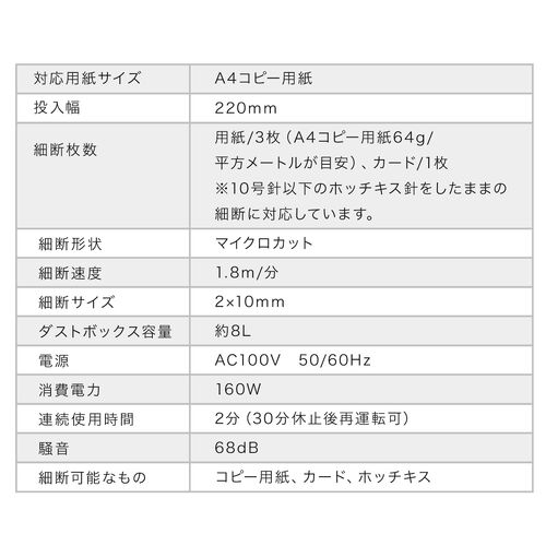 卓上シュレッダー（コンパクトシュレッダー・マイクロカット・2×10mm・家庭用・オフィス・コンパクト・容量8L・細断枚数3枚・ホワイト）