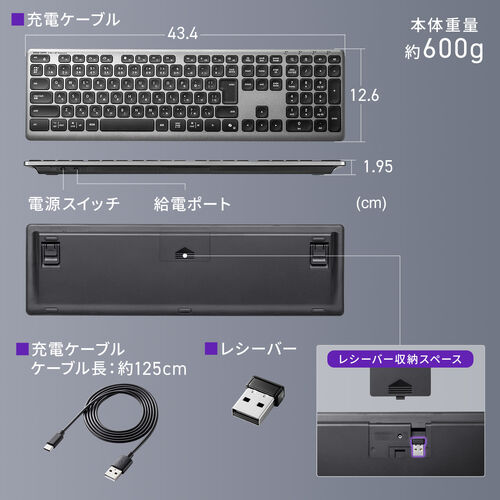 ワイヤレスキーボード（Bluetooth＆2.4Gレシーバー・日本語配列・フルサイズ・マルチペアリング3台・充電式・パンタグラフ式・ベージュ）