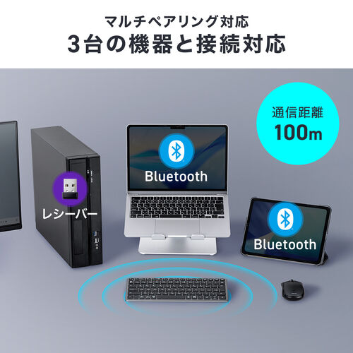 ワイヤレスキーボード（テンキーレス・Bluetooth＆2.4Gレシーバー・日本語配列・マルチペアリング3台・充電式・パンタグラフ式・小型・コンパクト・ブラック）