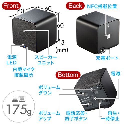 コンパクトBluetoothスピーカー（NFC搭載・キューブ型・iPhone・スマートフォン対応・ブラック）