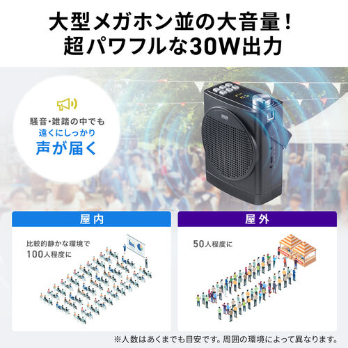 拡声器 ハンズフリー ポータブル マイク ワイヤレス 有線マイク付属 高出力30W USBメモリ microSD イベント ツアーガイド 選挙 セミナー 講義 会議 運動会