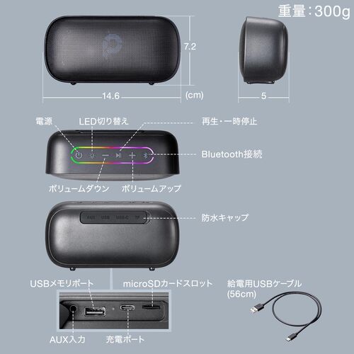 Bluetoothスピーカー（防水・IPX7・コンパクト・8W・AUX・USBメモリ・microSDカード再生対応・ポータブルスピーカー）