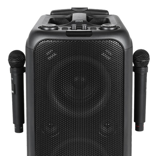 イベントスピーカー（拡声器・マイク2本・ポータブルPAスピーカー・120W・ワイヤレスマイク・バッテリー・AC電源・キャスター搭載・講演・イベント・LED搭載）