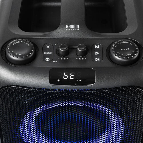 イベントスピーカー（拡声器・マイク2本・ポータブルPAスピーカー・120W・ワイヤレスマイク・バッテリー・AC電源・キャスター搭載・講演・イベント・LED搭載）