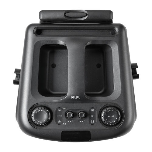 イベントスピーカー（拡声器・マイク2本・ポータブルPAスピーカー・120W・ワイヤレスマイク・バッテリー・AC電源・キャスター搭載・講演・イベント・LED搭載）