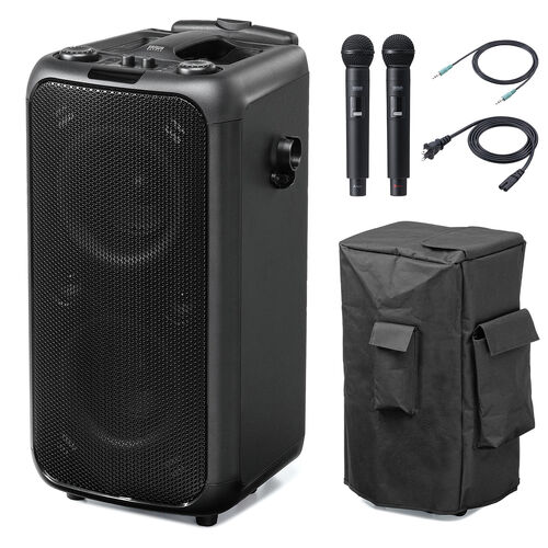 イベントスピーカー（拡声器・マイク2本・ポータブルPAスピーカー・120W・ワイヤレスマイク・バッテリー・AC電源・キャスター搭載・講演・イベント・LED搭載）