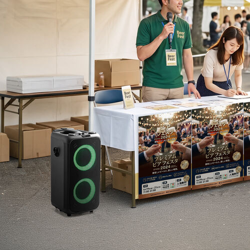 イベントスピーカー（拡声器・マイク2本・ポータブルPAスピーカー・120W・ワイヤレスマイク・バッテリー・AC電源・キャスター搭載・講演・イベント・LED搭載）