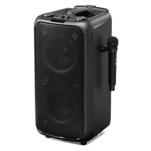イベントスピーカー（拡声器・マイク2本・ポータブルPAスピーカー・120W・ワイヤレスマイク・バッテリー・AC電源・キャスター搭載・講演・イベント・LED搭載）